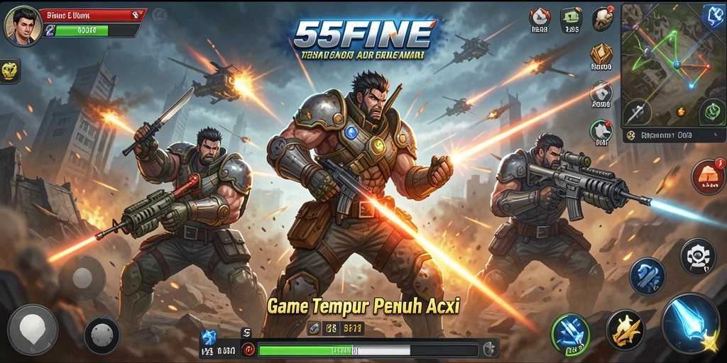 Screenshot menunjukkan aksi tembak-menembak intens dalam 55FIVE.