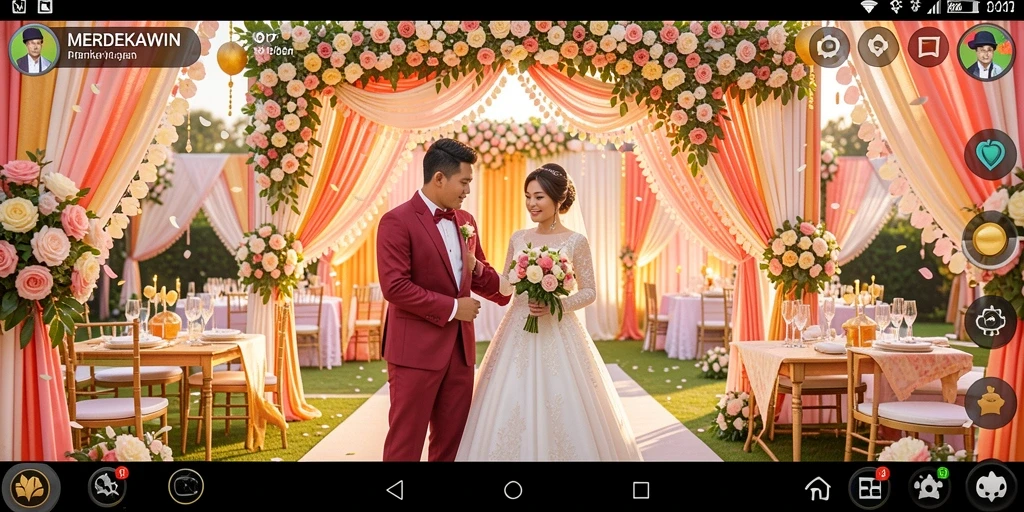 Screenshot gameplay <strong>MERDEKAWIN</strong> menunjukkan pengalaman merencanakan pernikahan yang interaktif.