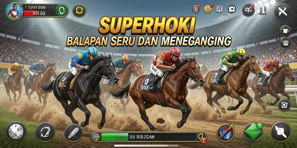 Tangkapan layar gameplay SUPERHOKI menampilkan balapan intens di lintasan yang mendebarkan.