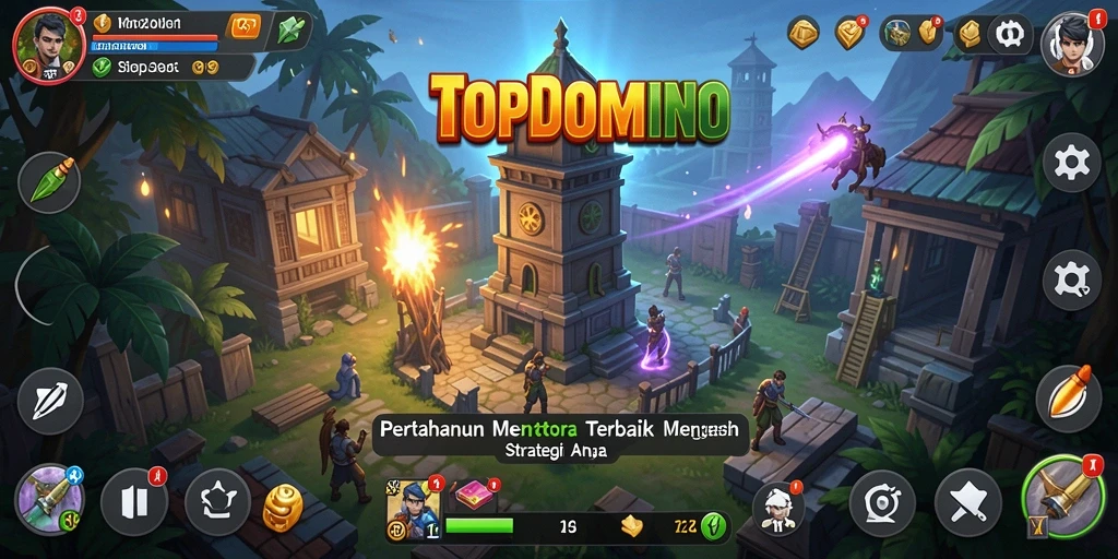 Screenshot gameplay menunjukkan pertahanan menara yang epik di TOPDOMINO.